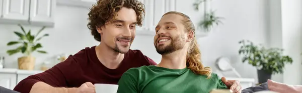 A loving couple shares tender smiles while enjoying each other at home. — Stock Photo