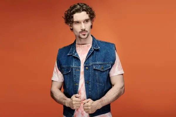 A man exudes emotion while positioned against a striking orange background. — Stock Photo