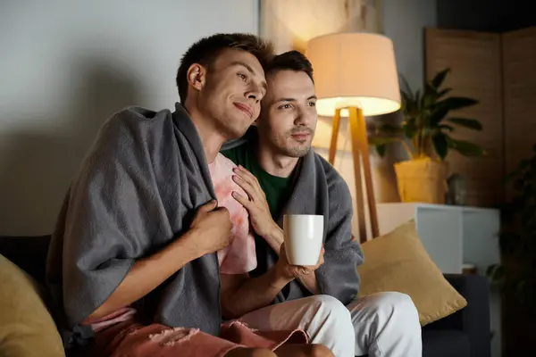 Two men enjoying each other while sharing a warm drink at home. — Stock Photo