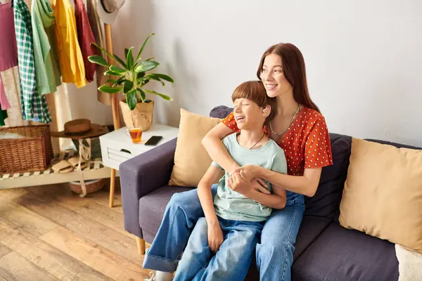 Mother embraces her hearing impaired son, sharing a moment of joy together. — Stock Photo