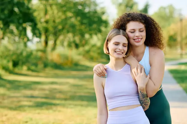 Two women share a warm moment, laughing and embracing in a lush green park. — Stock Photo
