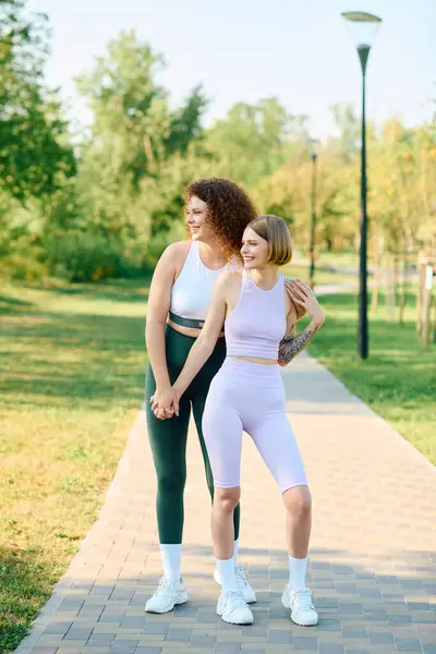 Two women hold hands while enjoying each other outdoors. — Stock Photo