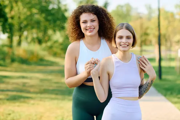 Deux femmes partagent le rire et la joie tout en se promenant main dans la main. — Photo de stock