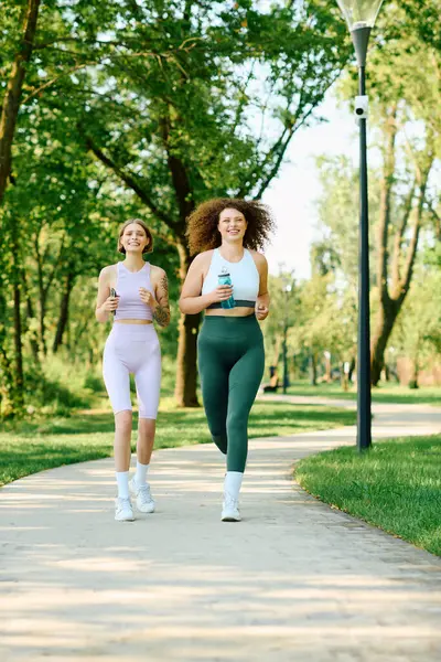 Duas mulheres compartilham risos enquanto jogging em um caminho de parque cênico. — Fotografia de Stock