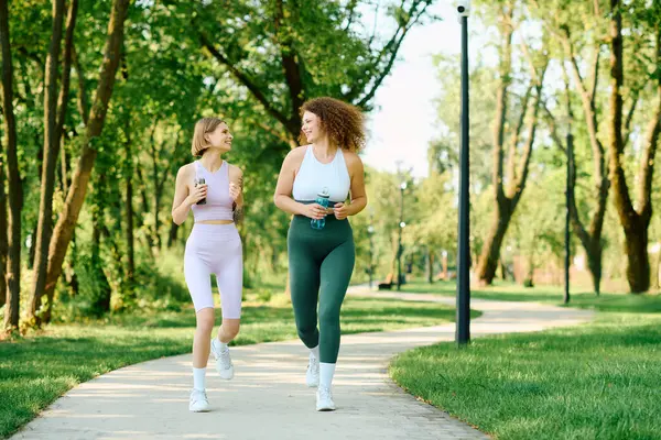 Deux femmes faisant du jogging dans un parc verdoyant animé, partageant sourires et boissons. — Stock Photo