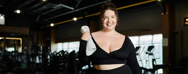 A plus-size woman smiles confidently while working out in stylish active wear at the gym. — Stock Photo