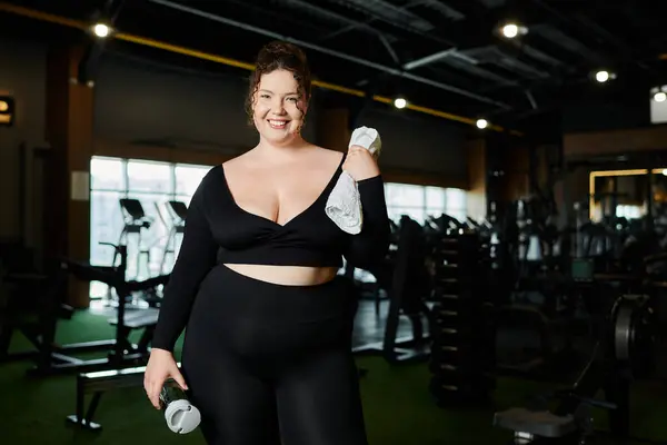 A plus-size woman confidently exercises in activewear, promoting body positivity in a lively gym environment. — Stock Photo
