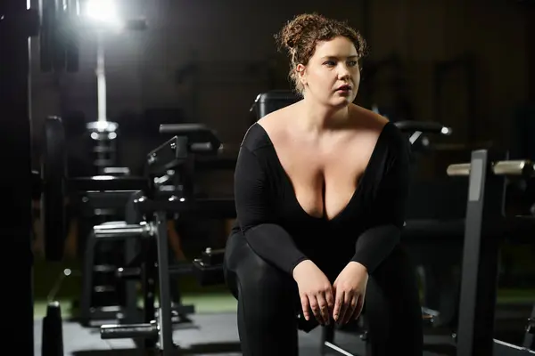 Eine junge Frau begeistert sich für Körperpositivität, während sie im Fitnessstudio in stylischer Aktivkleidung trainiert. — Stockfoto