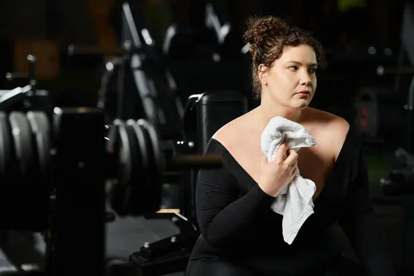 Молодая женщина plus-size уверенно работает, демонстрируя позитивность тела в энергичной обстановке спортзала. — стоковое фото