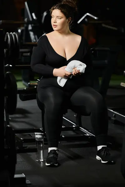 A plus-size woman exercises at the gym, proudly embracing her strength and commitment to health. — Stock Photo