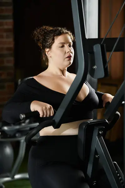 Una mujer de talla grande se ejercita con confianza en una máquina, abrazando la positividad corporal y el amor propio. — Stock Photo