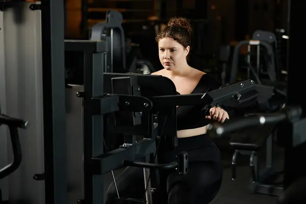 Женщина plus-size уверенно упражняется в активном ношении, способствуя силе и позитивному телу в современном спортзале. — стоковое фото