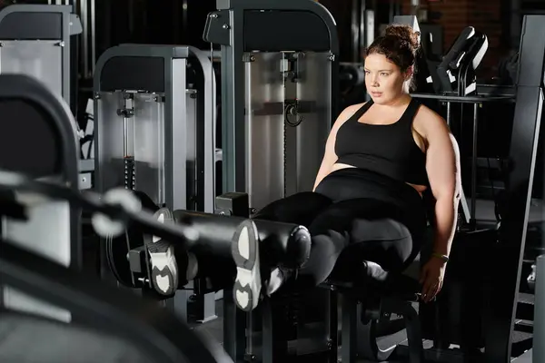 Женщина plus-size сосредоточенно работает над тренажерами, улучшая позитивный настрой тела. — стоковое фото