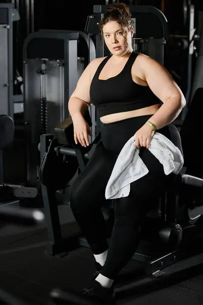 Uma jovem mulher confiantemente se envolve em um treino no ginásio, incorporando positividade e força do corpo. — Fotografia de Stock