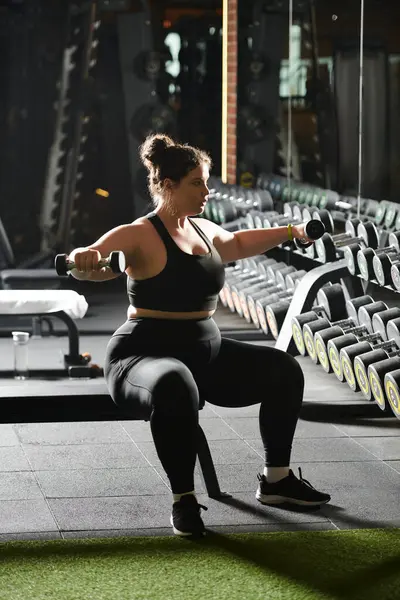 A plus-size woman exercises with dumbbells in a gym, embodying confidence and fitness. — Stock Photo