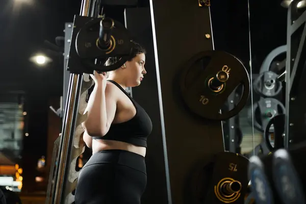 Eine Plus-Size-Frau, die in einem Fitnessstudio selbstbewusst mit Gewichten trainiert und Körperpositivität aufnimmt. — Stockfoto