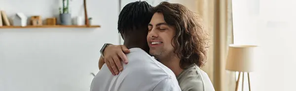 Two partners share a heartfelt embrace, radiating love and connection in their serene home. — Stock Photo