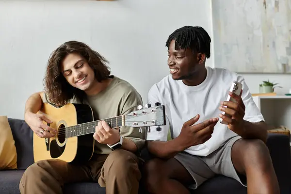 Two partners create sweet melodies together while enjoying each other at home. — Stock Photo