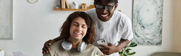 Two partners express love and happiness while sharing a cozy moment in their living room. — Stock Photo
