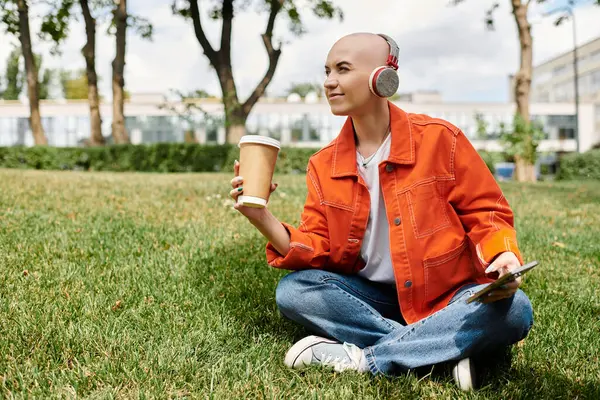 A bald woman listens to music, savoring her coffee in a serene green space. — Stock Photo
