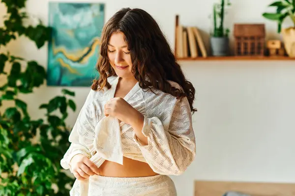 A confident young plus size woman enjoys a moment of self love in a bright living area. — Stock Photo