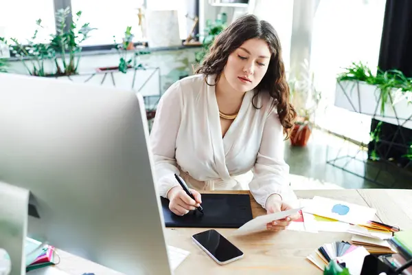 A young plus size woman creatively busy, showcasing beauty and productivity. — Stock Photo