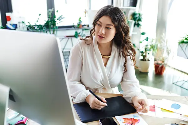 A young woman focuses on her artistic project while surrounded by vibrant plants and natural light. — Stock Photo