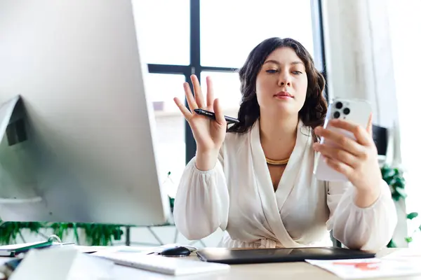 The young woman engages in a phone call while managing her tasks comfortably at office. — Stock Photo