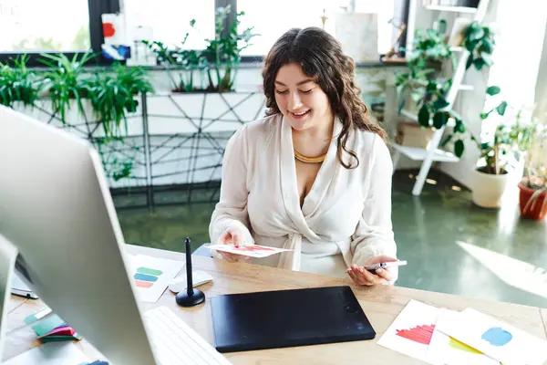 A plus size woman happily engages in creative projects at her office workspace filled with plants. — Stock Photo