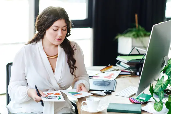 A creative young plus size woman engages in artistic work surrounded by vibrant designs and plants. — Stock Photo