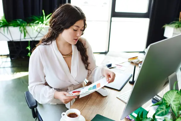 A young beautiful plus size woman engages thoughtfully with color swatches in her office. — Stock Photo