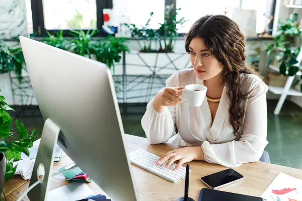 Una giovane donna plus size sorseggia caffè mentre lavora intensamente alla sua scrivania, abbracciata dalla natura. — Foto stock