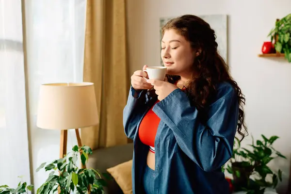 Веселая женщина plus size с кудрявыми волосами пила кофе в солнечной гостиной, окруженной зеленью и комфортом. — стоковое фото