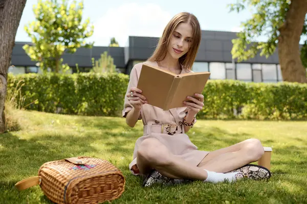 A young woman with a radiant smile sits on lush grass, immersed in a book, embracing joy in the sunlight. — Stock Photo