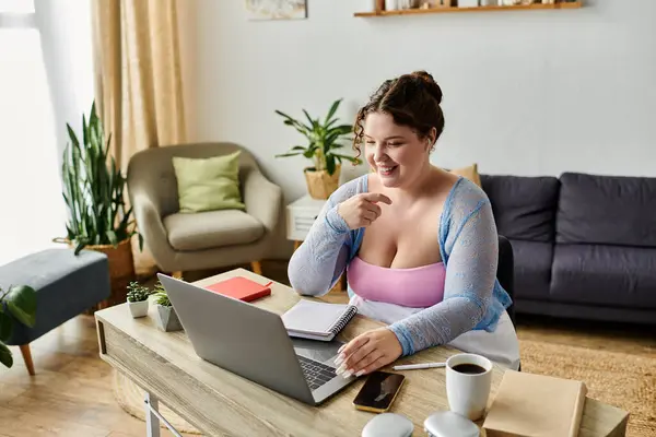 Dedicated young woman in cozy homewear working from home, remote. — Stock Photo