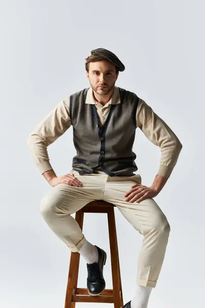 Ein gutaussehender Mann in stylischem Outfit zeigt sich selbstbewusst, während er auf einem Holzhocker sitzt. — Stockfoto