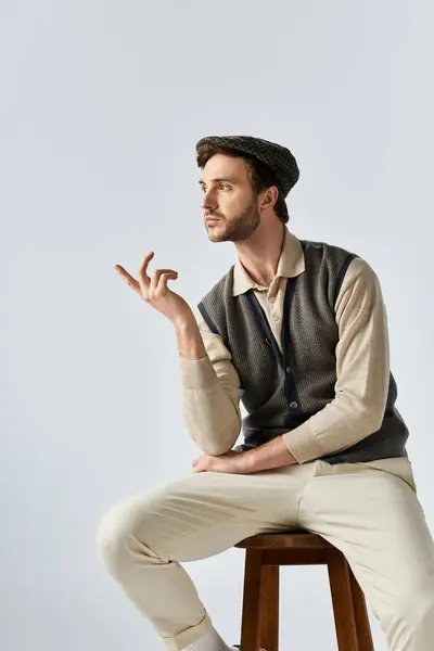 A handsome man dressed in a chic sweater and cap strikes a contemplative pose on a stool. — Stock Photo