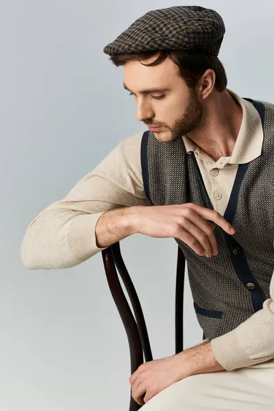 A fashionable man poses elegantly, showcasing his unique style and charm in a serene environment. — Stock Photo