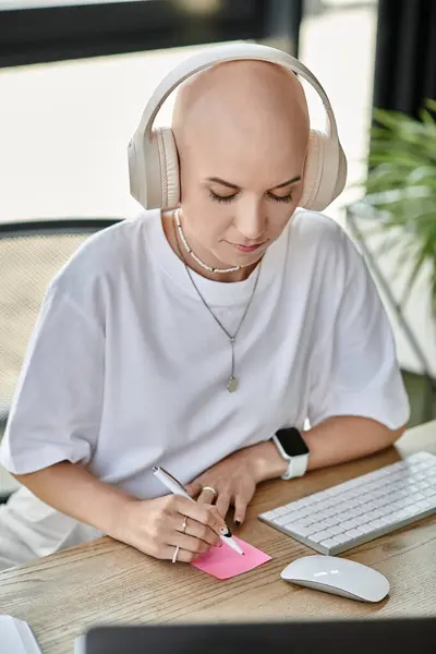 A young bald woman in stylish attire engages in creative writing at her desk. — Stock Photo