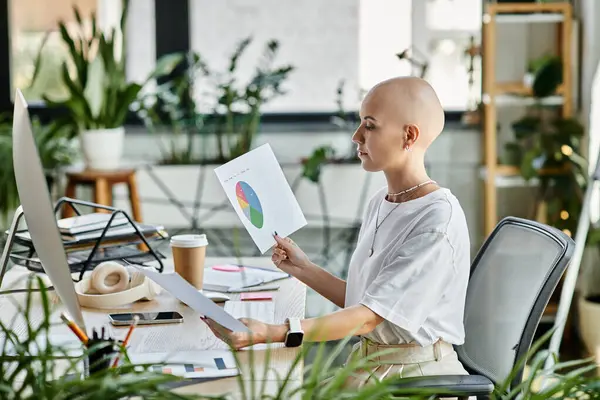 A young bald woman in elegant attire attentively analyzes colorful charts at her desk. — Stock Photo