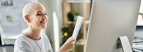 The young woman enjoys reading documents at her desk, radiating confidence and elegance. — Stock Photo