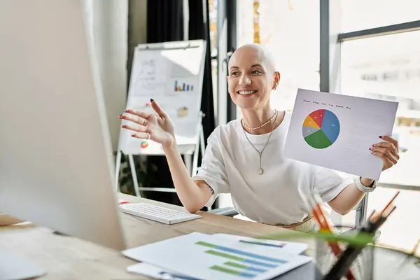 A young bald woman in elegant attire enthusiastically shares insights from a pie chart. — Stock Photo