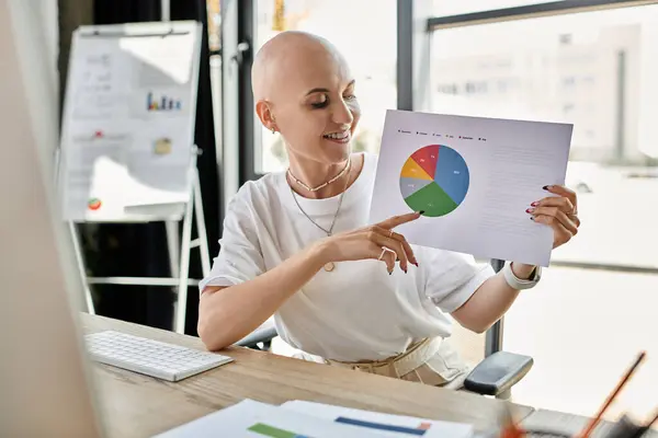 An elegantly dressed young bald woman enthusiastically displays a pie chart in an office. — Stock Photo