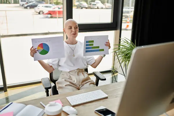 La giovane donna calva mostra con sicurezza grafici colorati mentre è seduta in uno spazio di lavoro arioso. — Foto stock