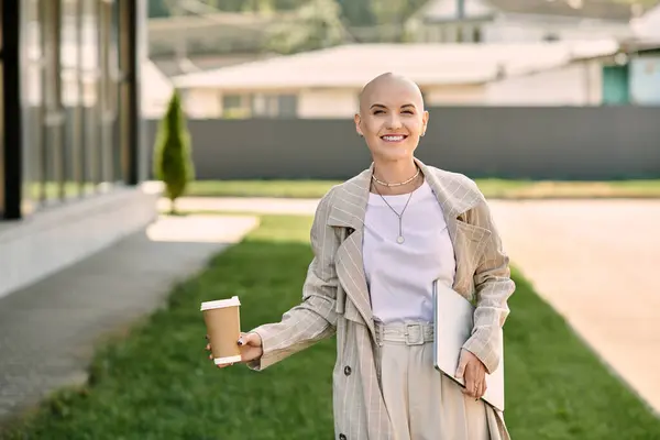 Eine selbstbewusste junge Frau mit Glatze lächelt, während sie Kaffee und Notizbuch im Sonnenlicht hält. — Stockfoto