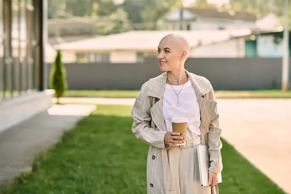 A young bald woman dressed elegantly enjoys her coffee while walking along a sunny street. — Stock Photo