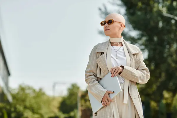 A chic bald woman dressed in stylish clothes stands confidently in natural sunlight. — Stock Photo