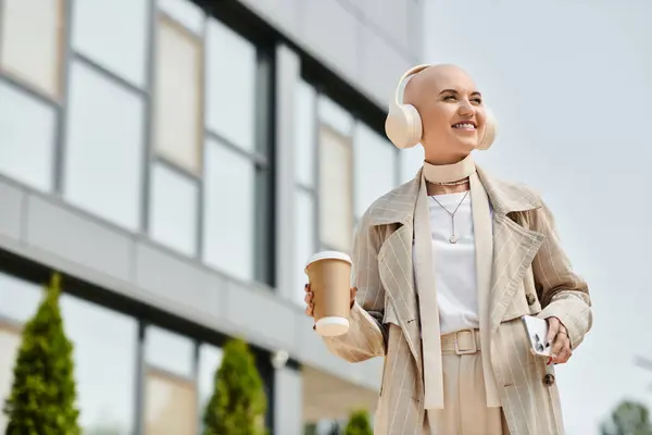 A young bald woman in elegant attire sips coffee while enjoying the outdoors on a bright day. — Stock Photo