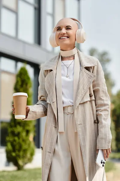 A fashionable young bald woman smiles, sipping coffee and listening to music outdoors. — Stock Photo
