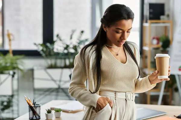 Una joven mujer está en una oficina bien iluminada sosteniendo una taza de café, perdida en el pensamiento. - foto de stock